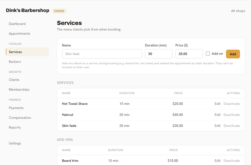 Services and add-ons